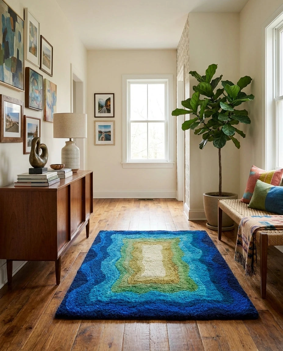 Alden Sapphire wool area rug by Angela Adams in rich sapphire blue