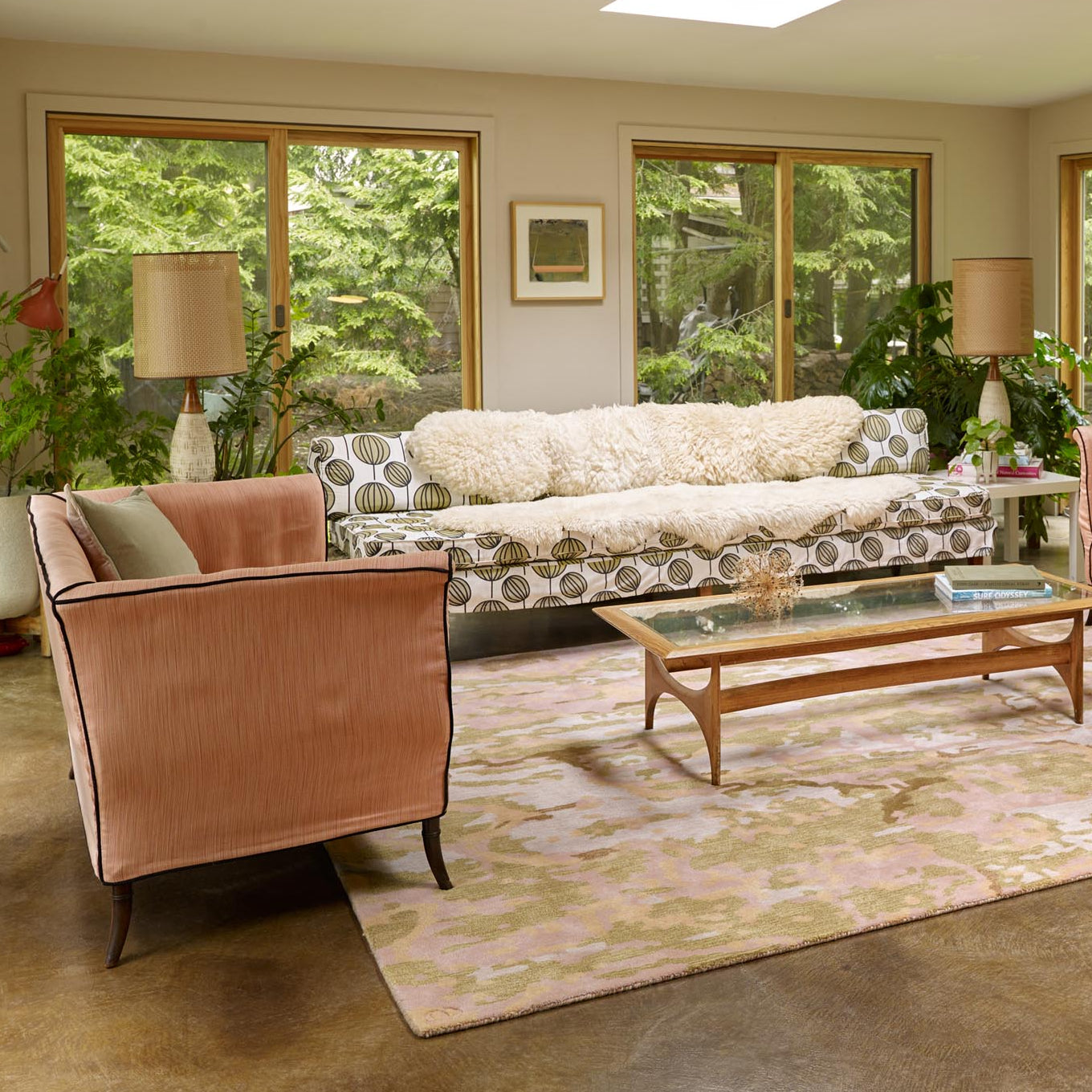 Bark Bloom wool area rug by Angela Adams in soft blush bloom