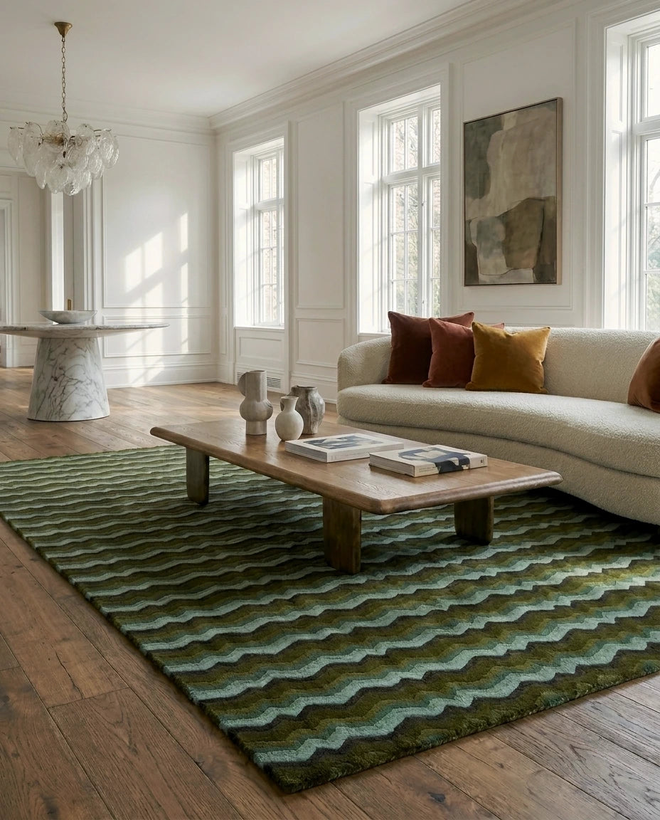 Buzz Emerald wool area rug by Angela Adams in rich emerald green