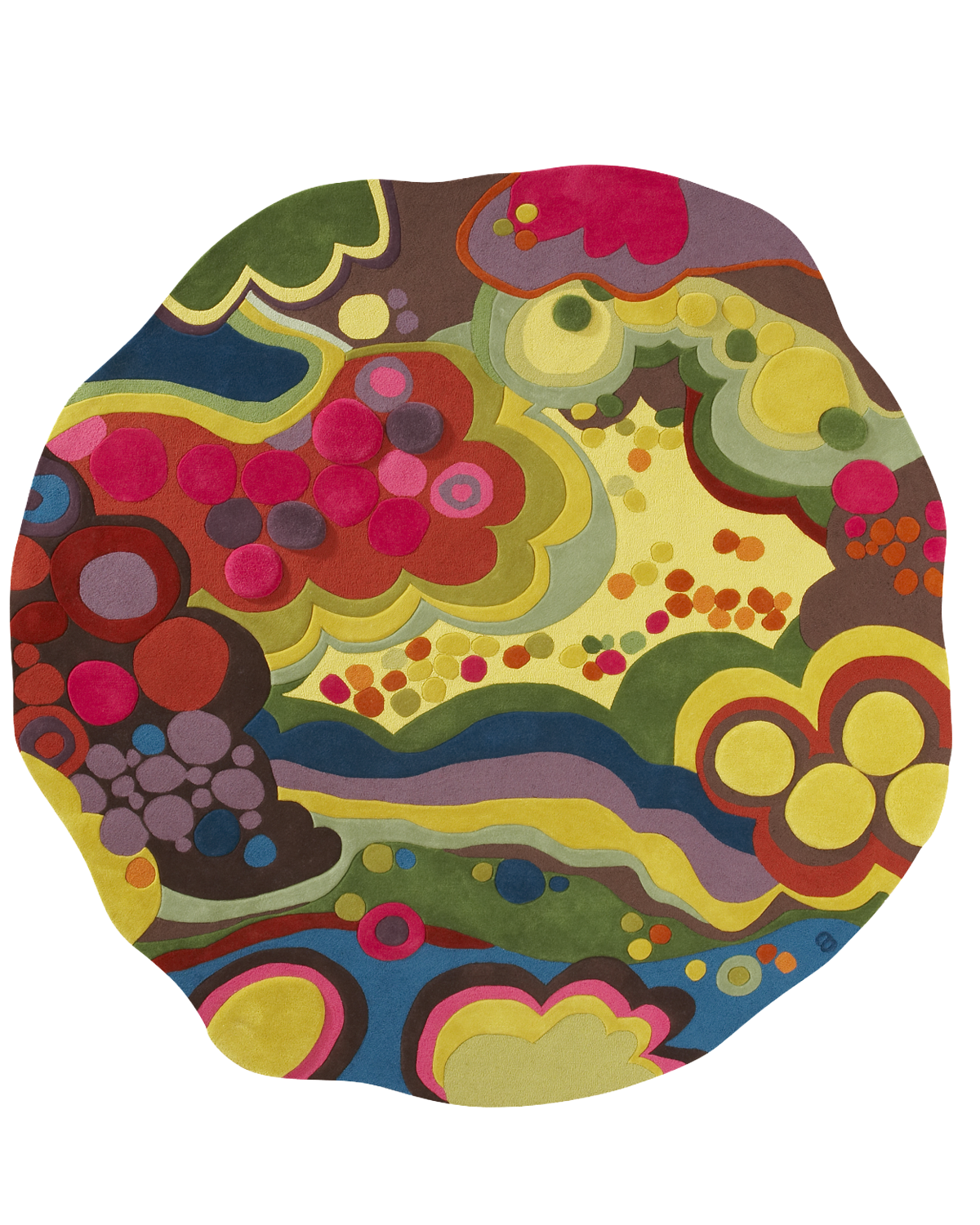 Garden Rug by angela adams in an 8 foot round style.  Bright colors and organic shapes define this distinctive area rug.