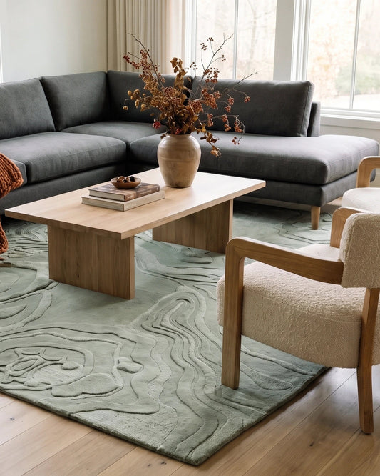 A modern living room setup featuring a dark gray sectional sofa, a light wood coffee table, two cream-colored armchairs with wood frames, and the Nebula Dream SuperLuxe sage green area rug on a light wood floor.