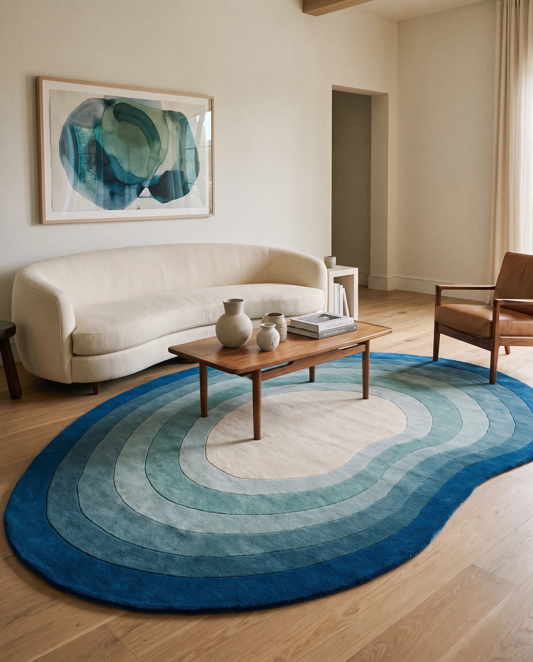 Pool Dream wool area rug by Angela Adams in dreamy pool blue