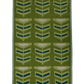 A pterapod grass area rug with a retro geometric pattern of stylized chevron leaves in olive green, light green, teal blue, and cream, finished with a light blue border.