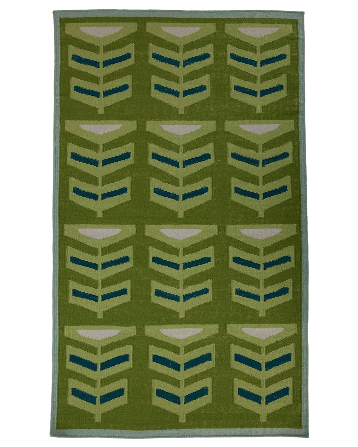 A pterapod grass area rug with a retro geometric pattern of stylized chevron leaves in olive green, light green, teal blue, and cream, finished with a light blue border.