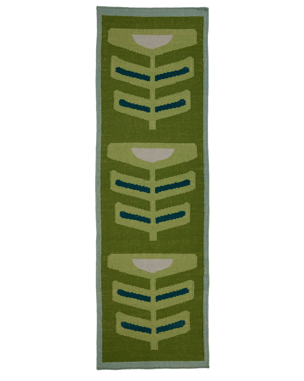 A pterapod grass runner with a retro mid-century modern design, featuring three stacked stylized leaf motifs in olive green, light green, teal, and cream, bordered by a light blue-green edge.