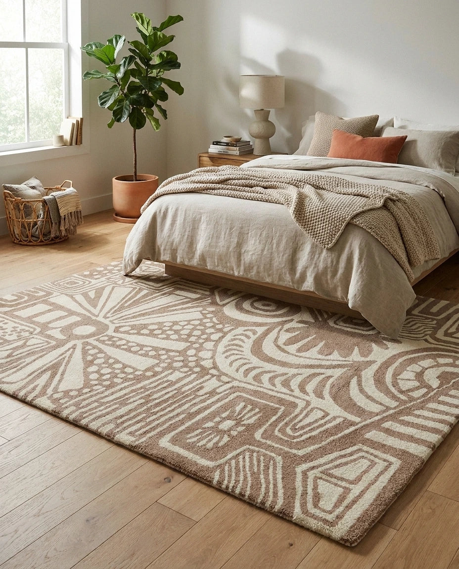 Storybook wool area rug by Angela Adams in soft, whimsical neutral