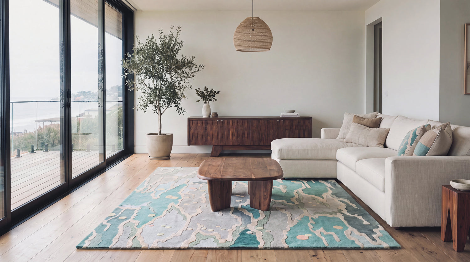 A modern living room featuring a light beige sectional sofa, a low wooden coffee table, and a large area rug with a teal, blue, and cream abstract pattern. The room has light wood floors, a dark wood sideboard, and large black-framed sliding glass doors overlooking a deck and water.