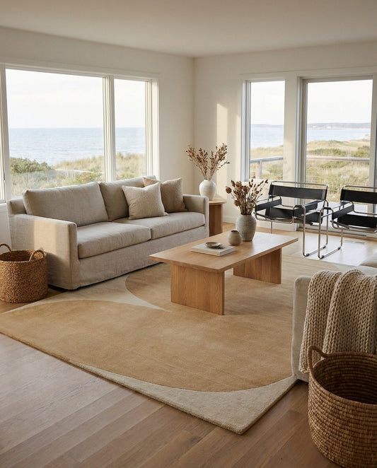 Dove Peace area rug in a sunlit coastal living room, featuring a modern beige and tan abstract design under a coffee table.