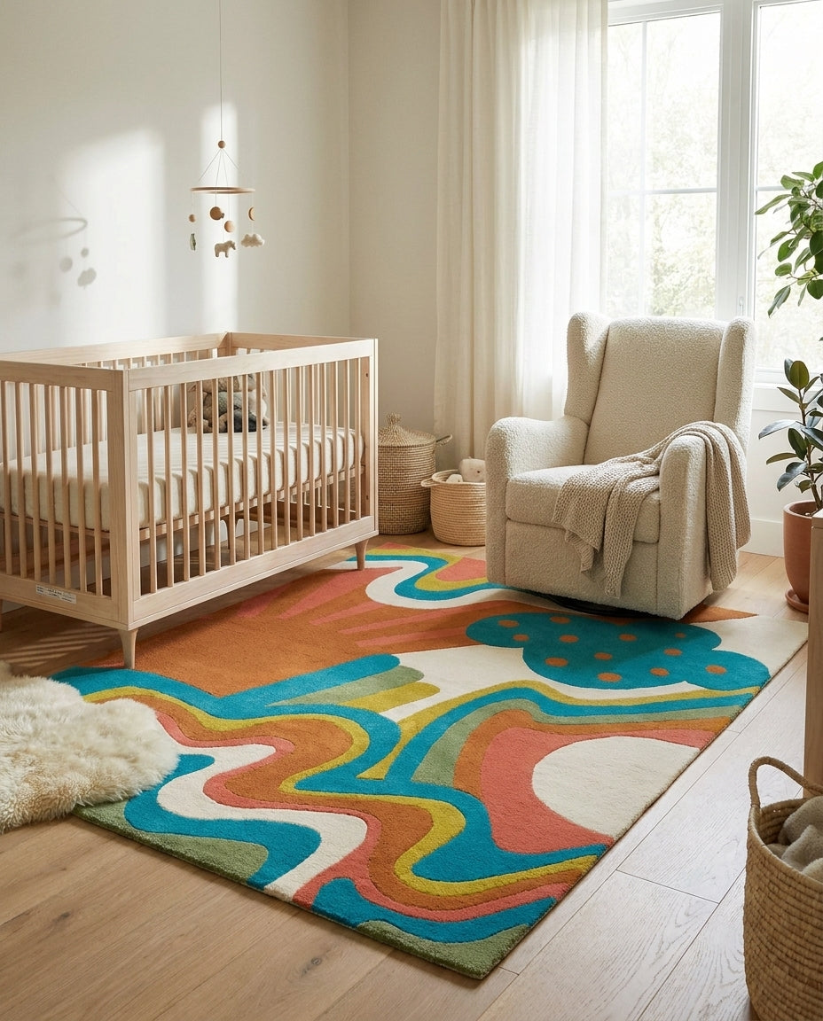 Daytrip Happy rug in a modern nursery with a crib, armchair, and natural wood floors. A colorful, abstract design.