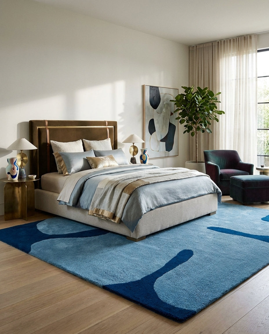 Astrud Splash wool area rug by Angela Adams in vivid splashy blue