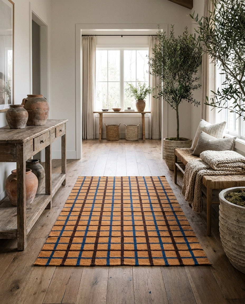 Rustic entryway with a plaid rug, wooden console table, potted olive tree, and bench in a warm, minimalist home interior.