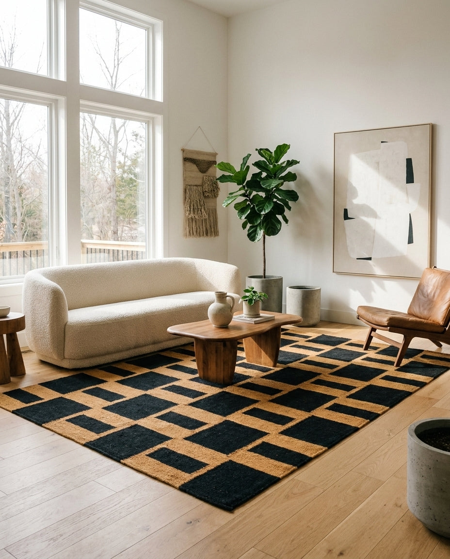 Modern living room with a cream bouclé sofa, geometric black and tan rug, wooden coffee table, and minimalist decor.