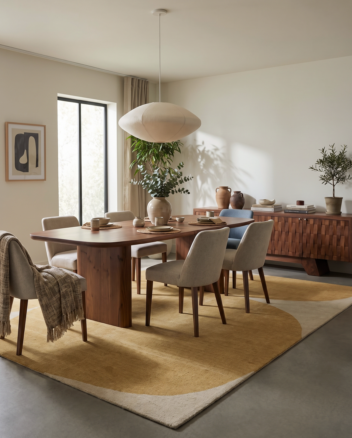 Modern dining room with a walnut table, upholstered chairs, and a mustard yellow area rug in a minimalist, warm interior.