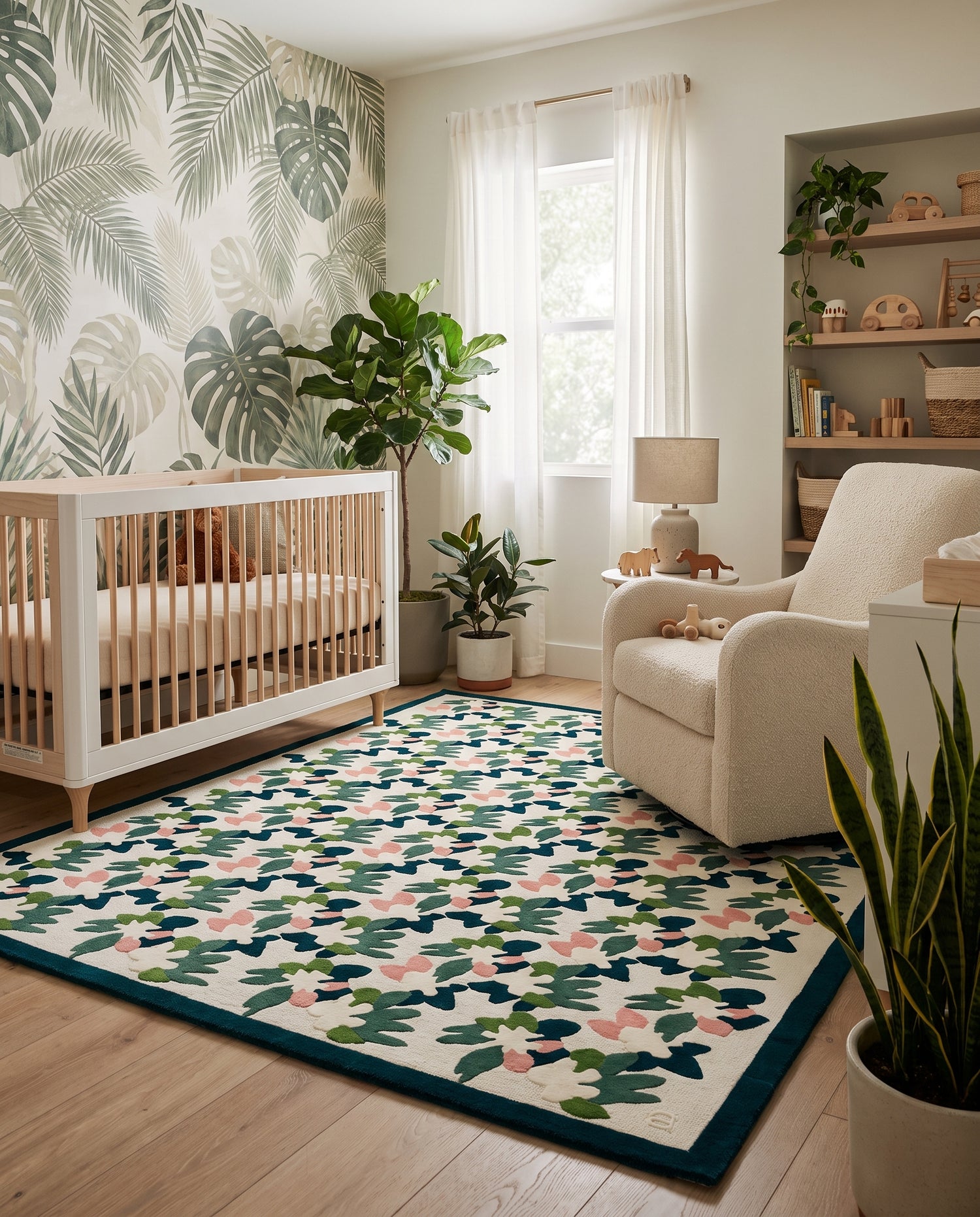 Modern nursery with a botanical wallpaper, crib, cozy armchair, and a colorful floral area rug.