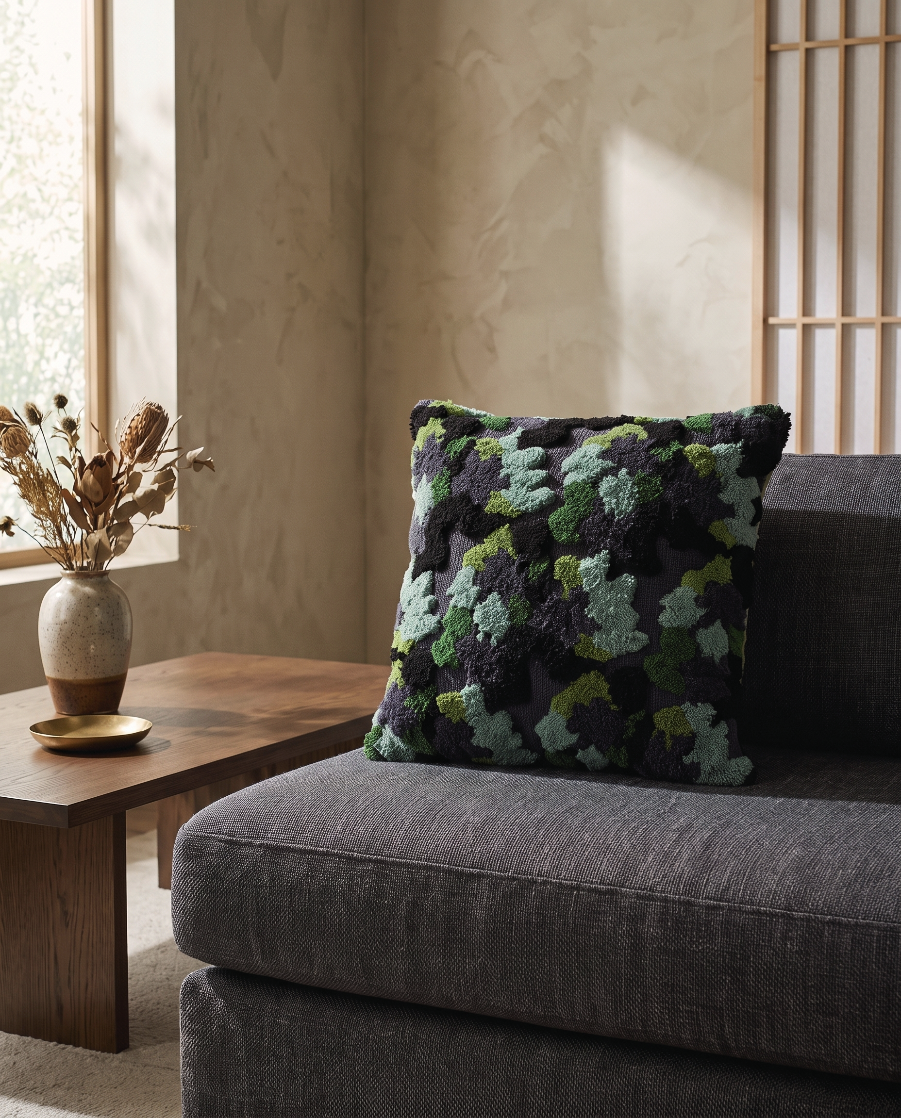 Modern living room with a dark textured sofa, patterned punch needle pillow, wooden coffee table, and dried floral vase.