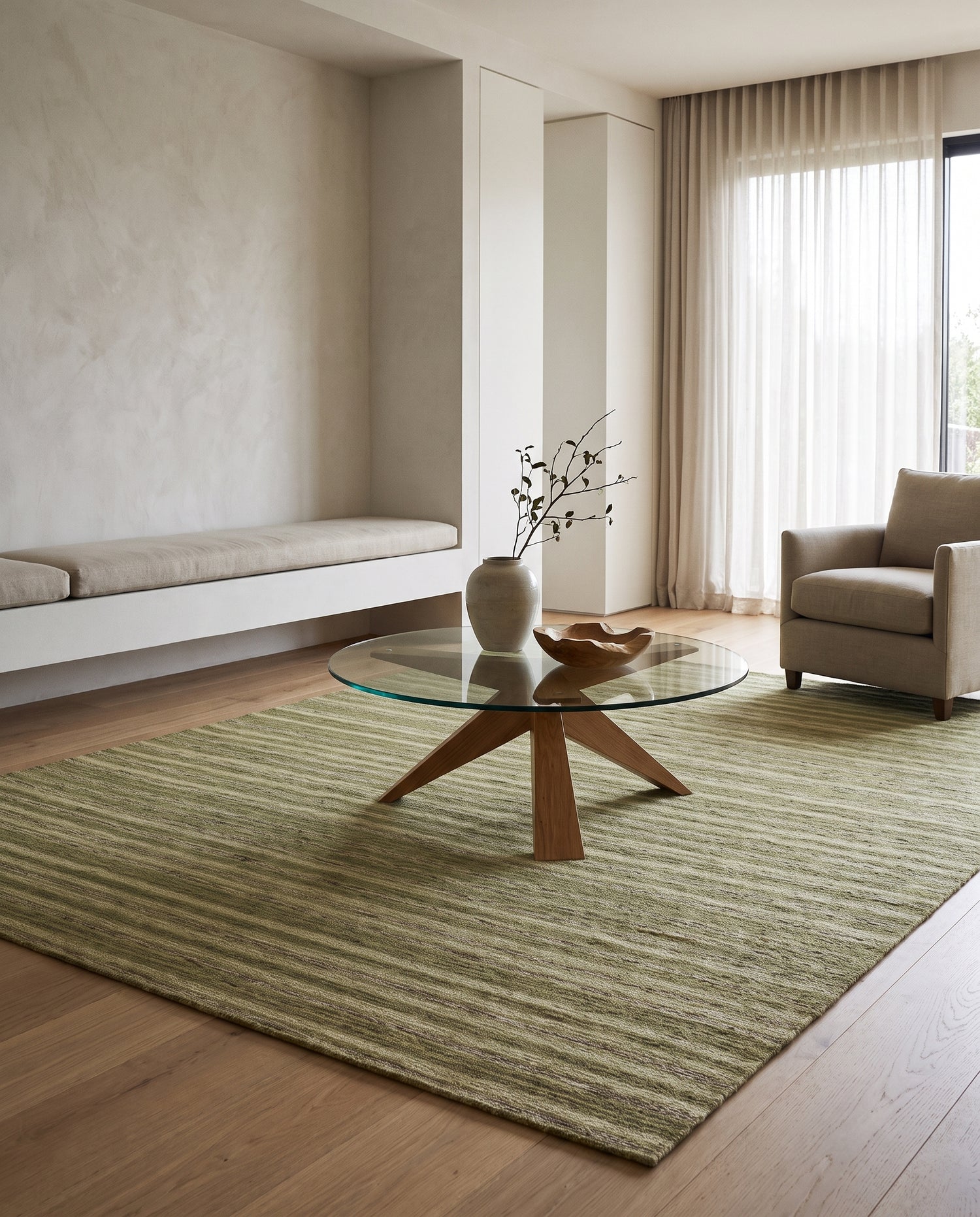 aa x Chilton Design 3 Colorway C rug in a serene, minimalist living room with a glass coffee table and neutral decor.
