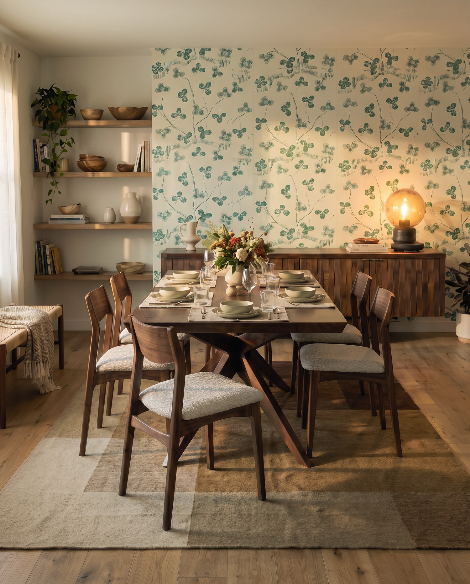 Modern dining room with a wooden table, clover wallpaper, floating shelves, and warm ambient lighting.