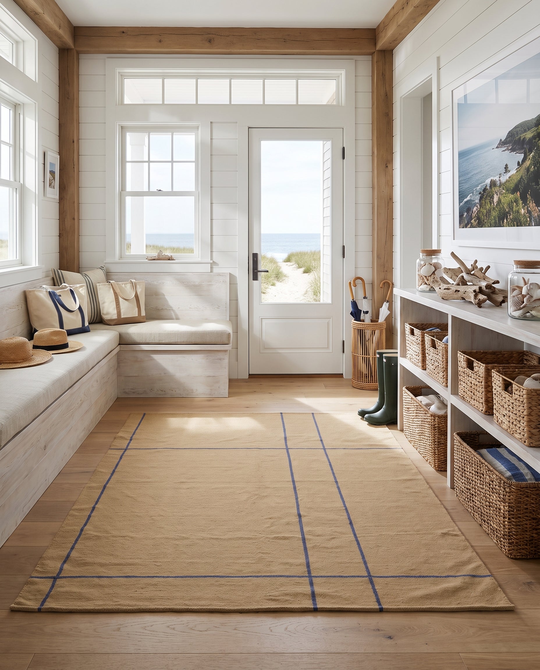 Popham Sand rug featuring a blue grid pattern in a bright, coastal-inspired entryway with bench seating and storage.