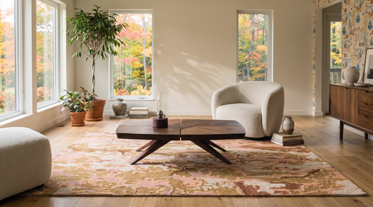 Modern living room with a walnut coffee table, cream boucle armchair, and abstract rug, featuring autumn forest views.
