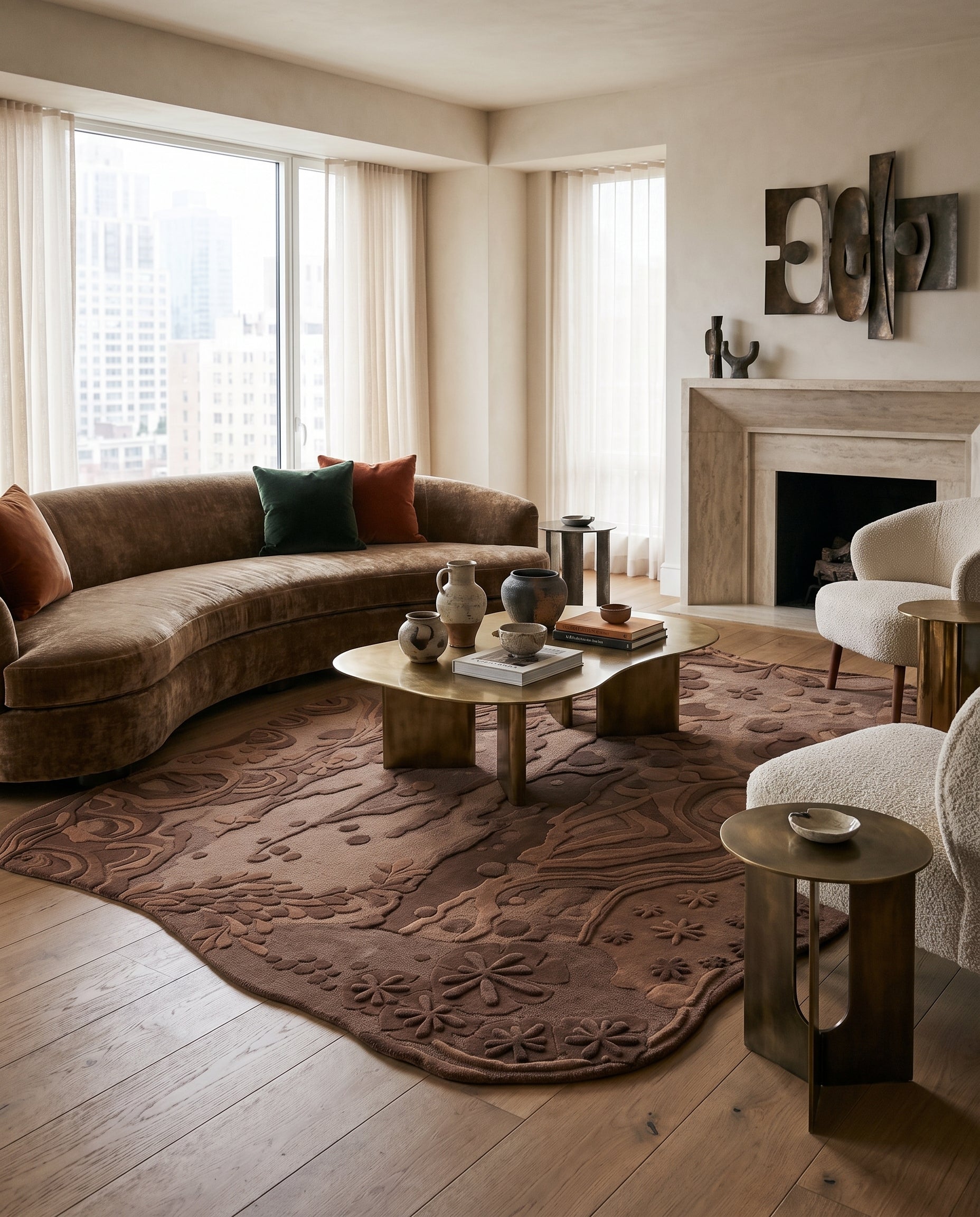 Modern living room with a curved brown velvet sofa, textured floral rug, brass coffee table, and minimalist fireplace.