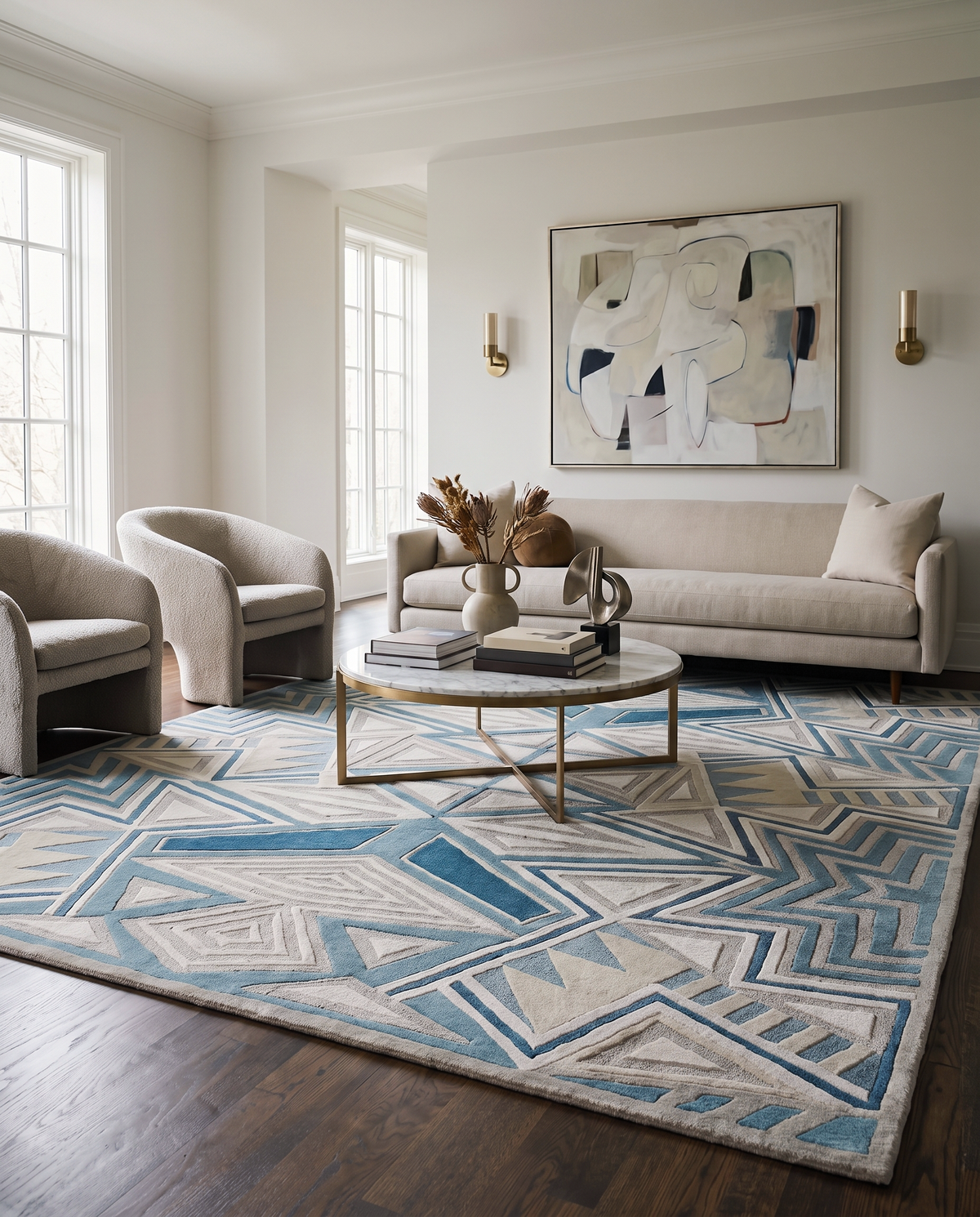 Galactic Celestial rug featuring a blue and cream geometric pattern in a modern, sunlit living room with neutral furniture.