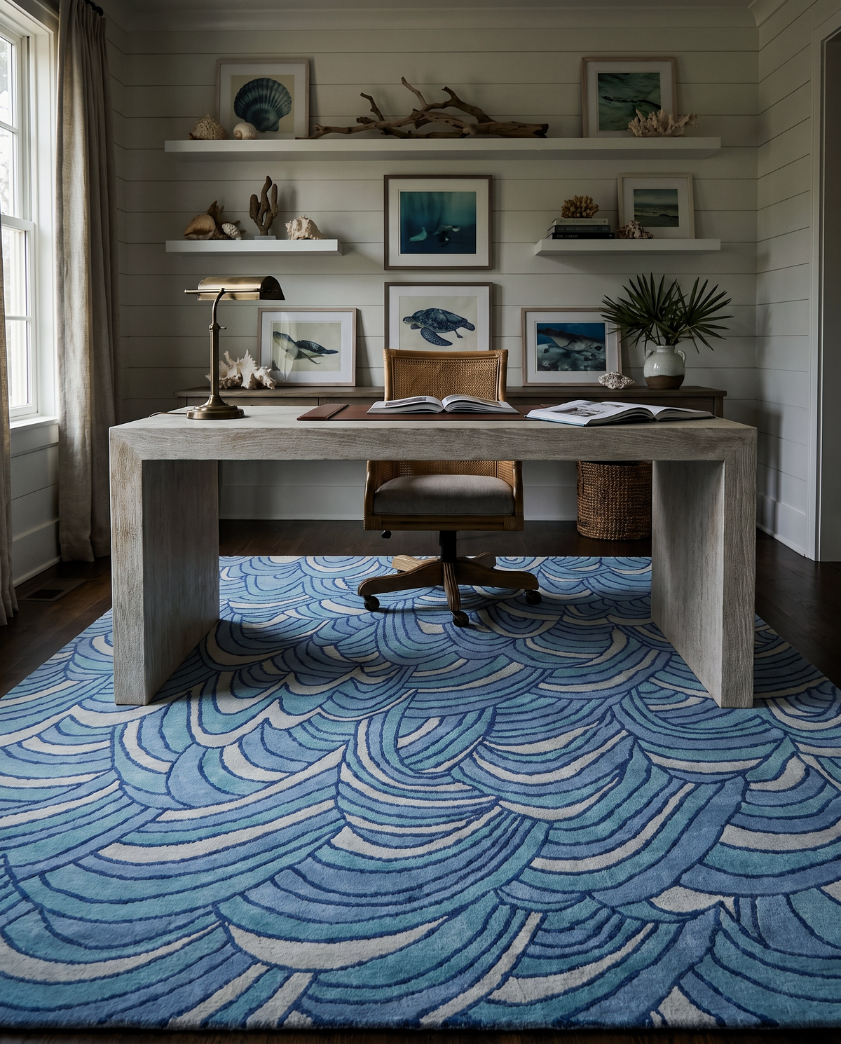 Coastal home office with a wave-pattern area rug, light wood desk, rattan chair, and nautical wall art on shiplap walls.