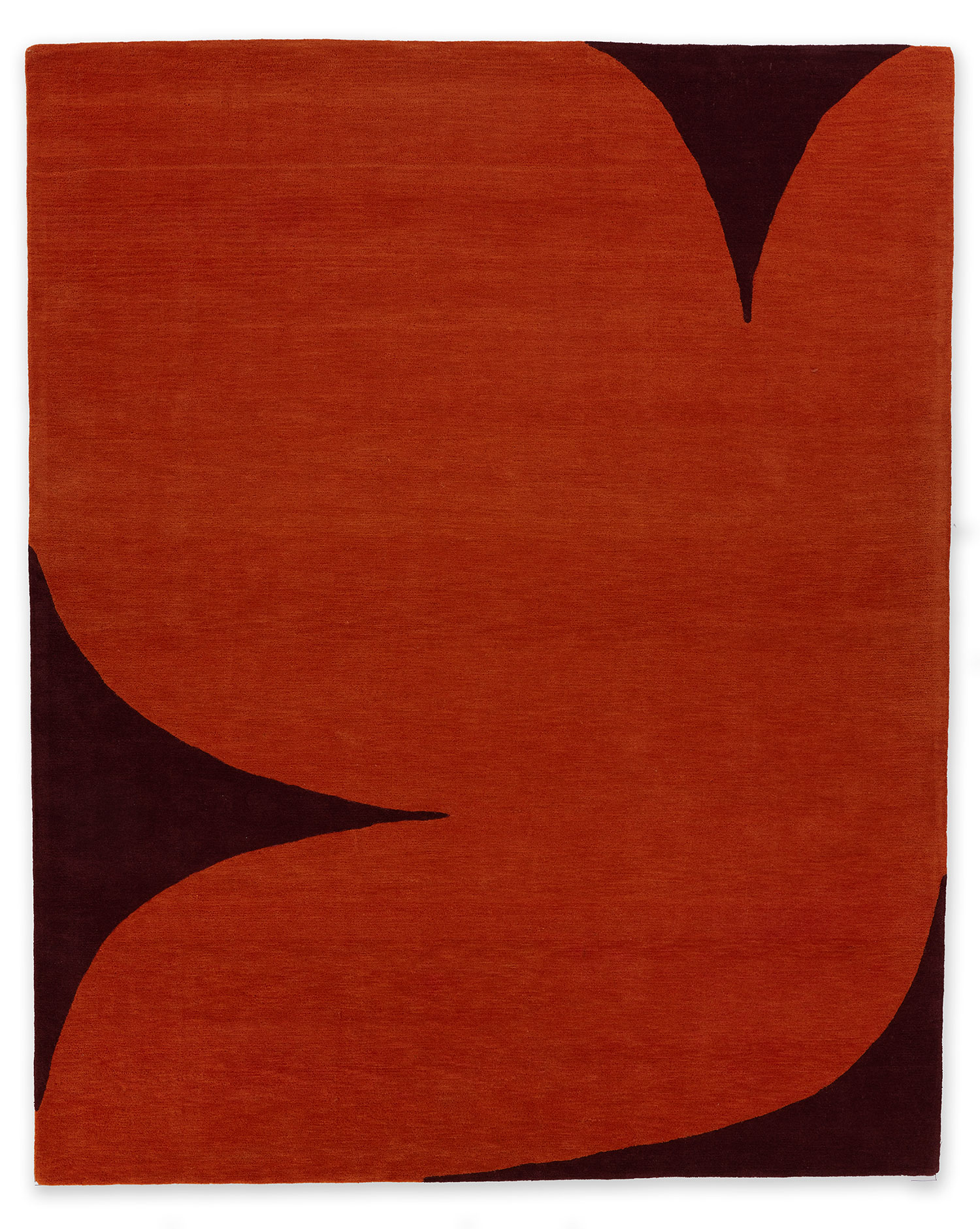 A modern, hand tufted area rug with dove pattern in orange and dark red colors by Angela Adams called Dove Love