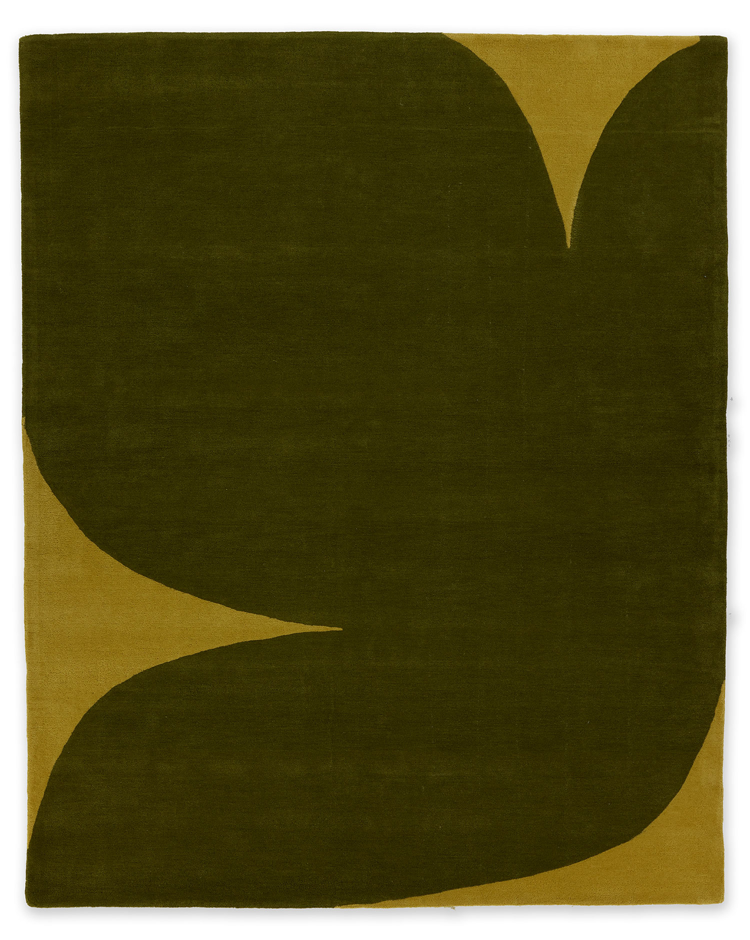A large green, hand tufted rug with an abstract dove pattern on it by angela adams
