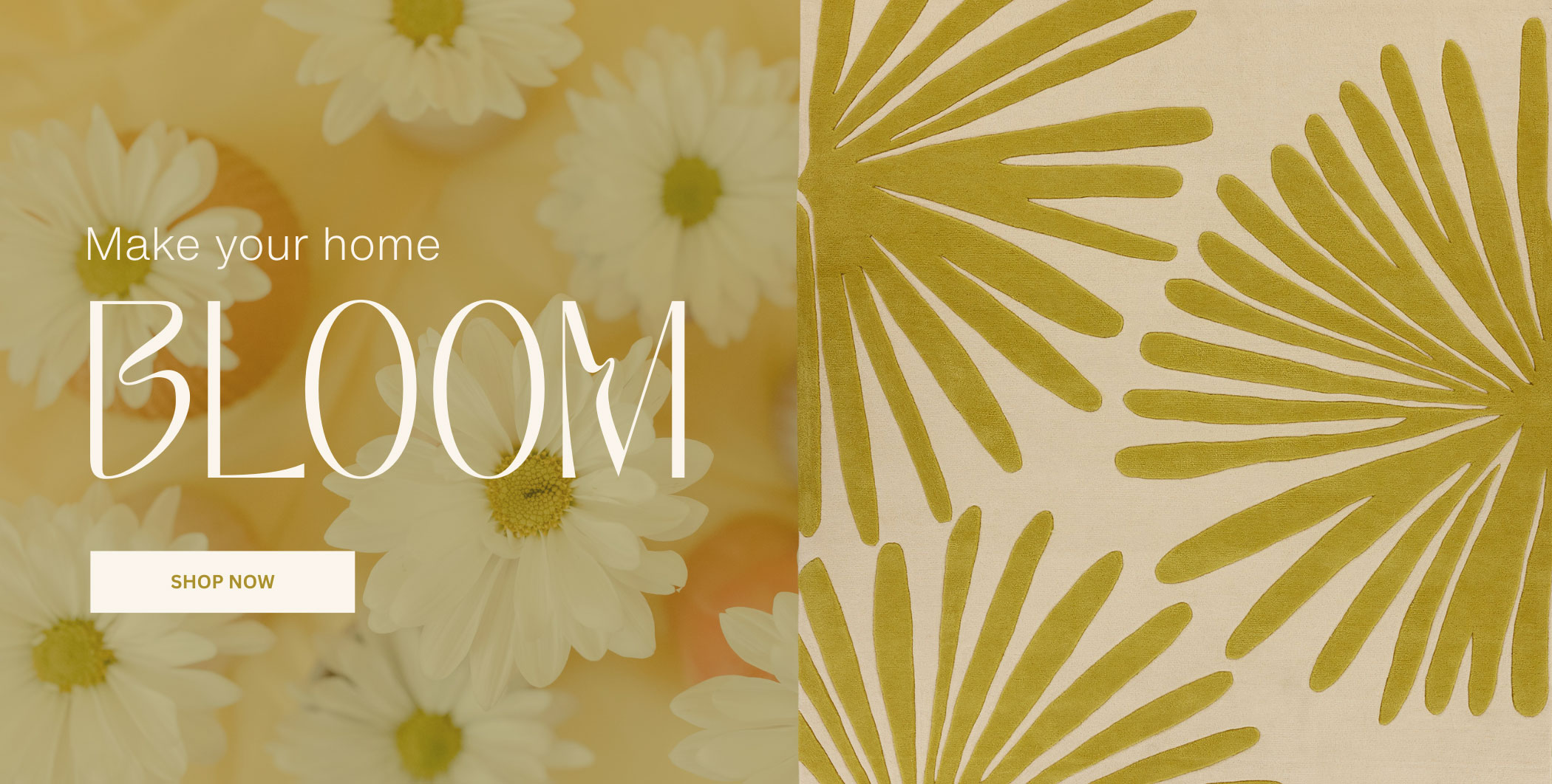 Abstract collage of green and tan flower patterns on an area rug with the word Bloom.