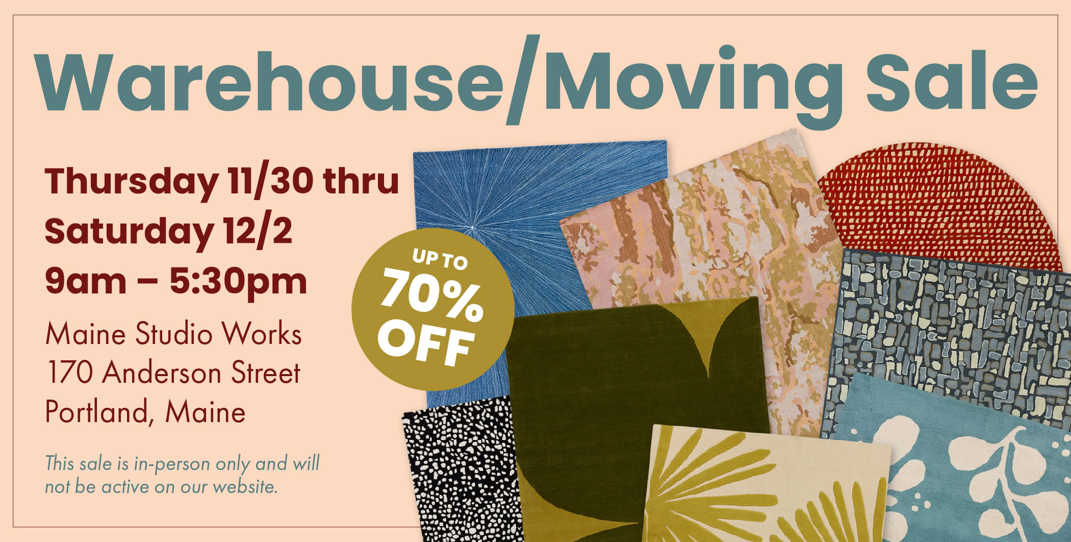 Moving Sale graphic promoting Thursday through Sunday 70% off.