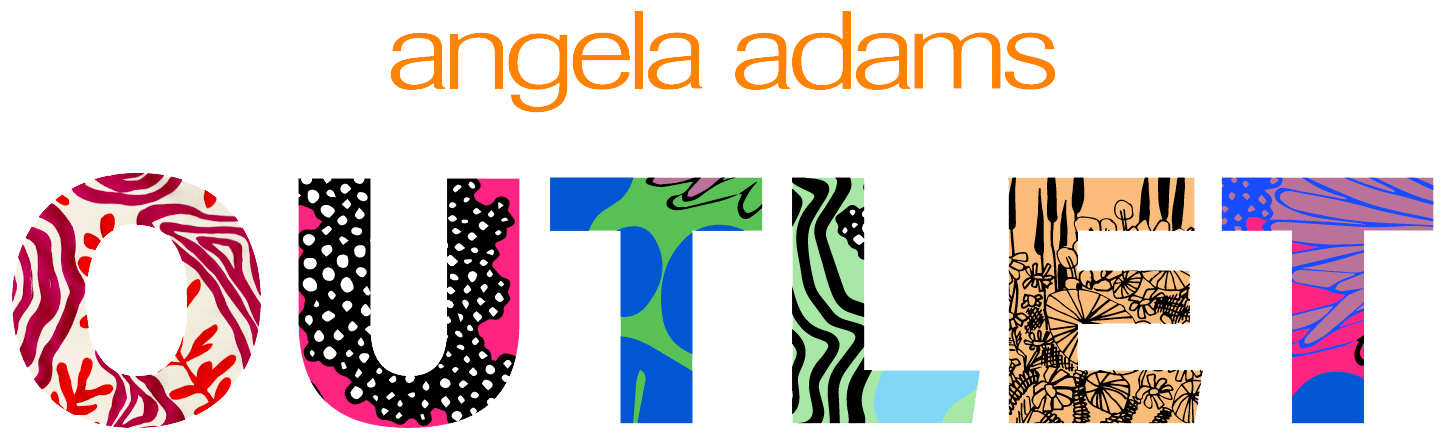 Multi-colored, multi-patterned letter spelling out Angela Adams Outlet