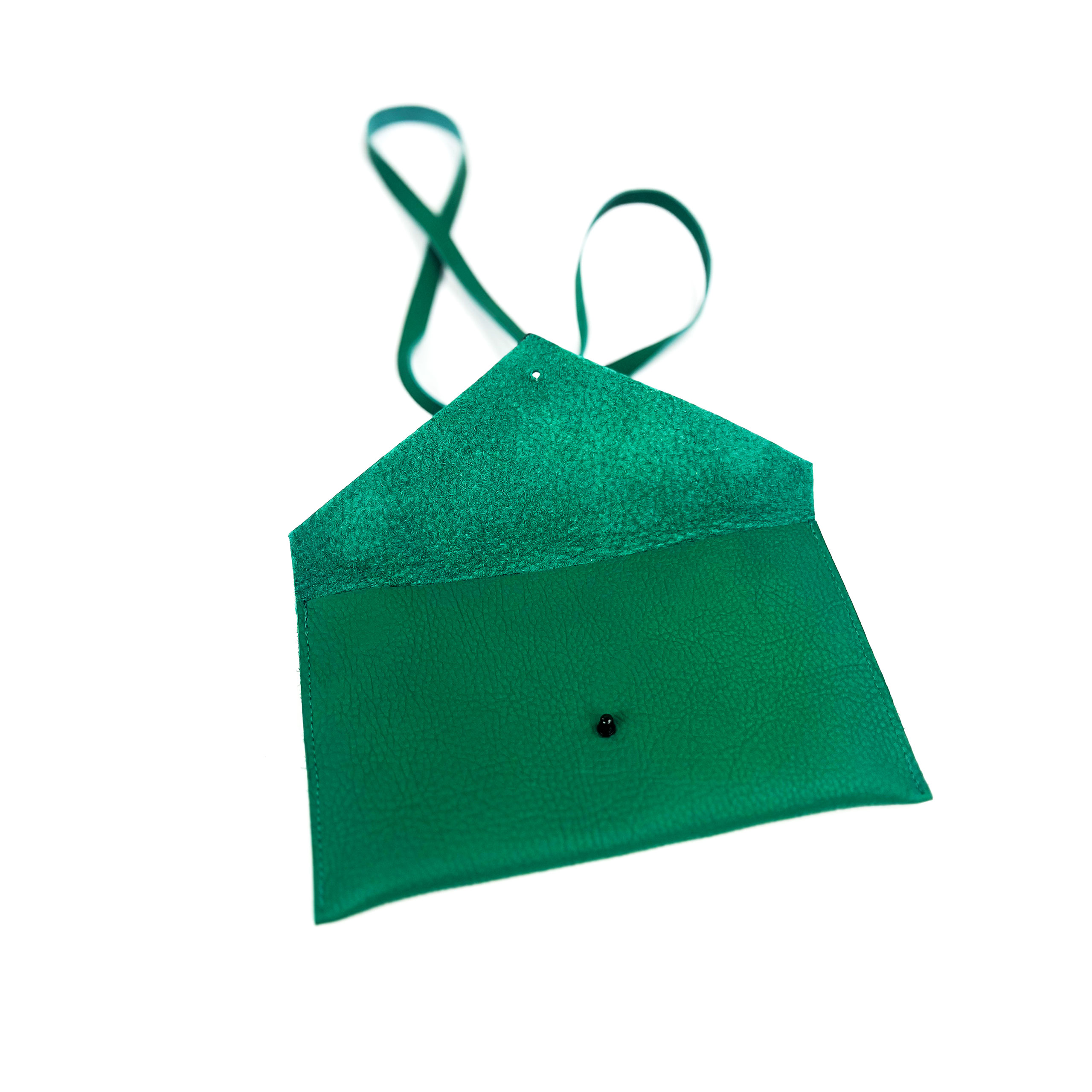 A teal green leather shoulder purse with open top, isolated on a white background.