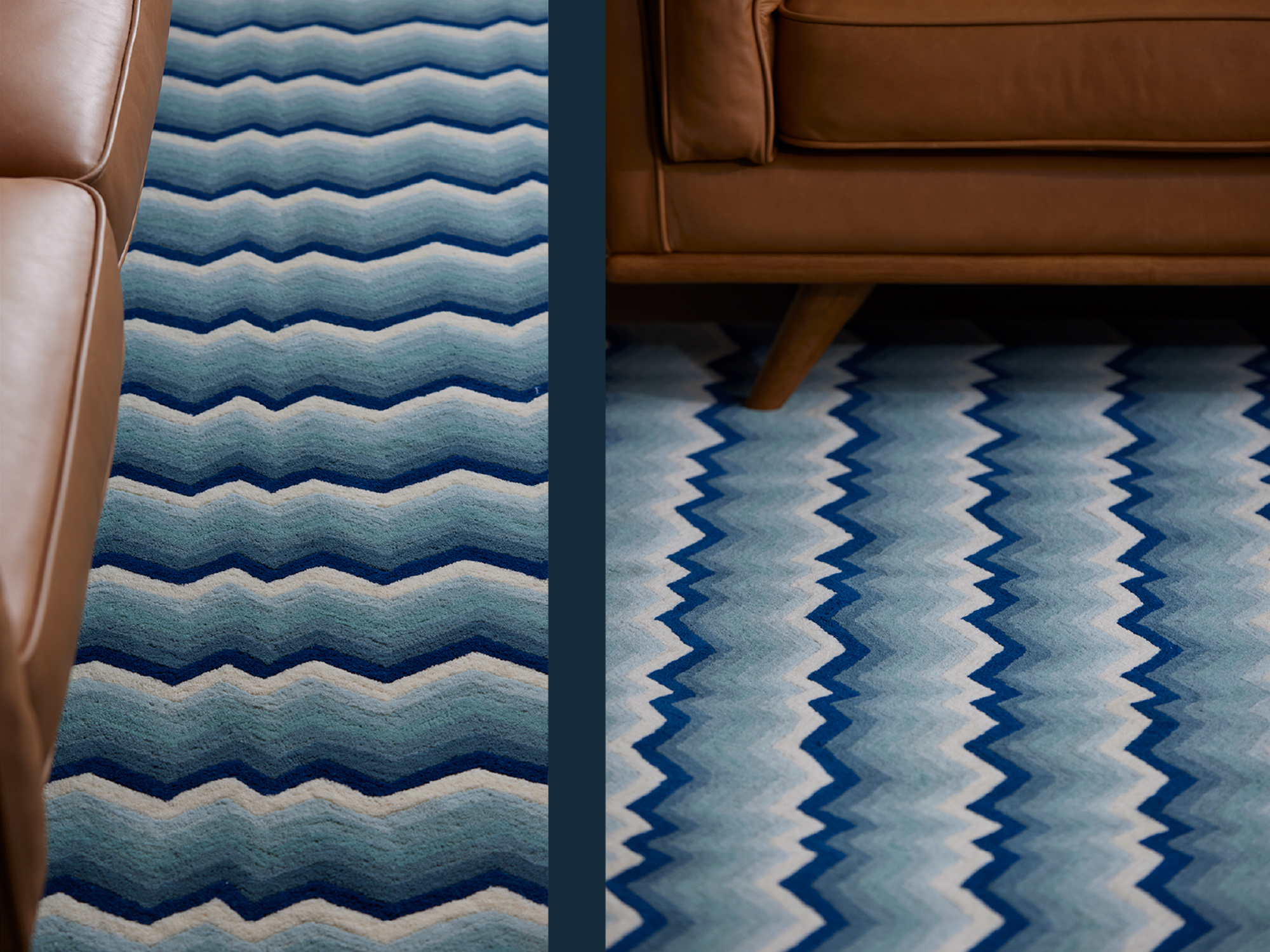 A jagged pattern in blue tones on a contemporary area rug called Buzz Blue by Angela Adams