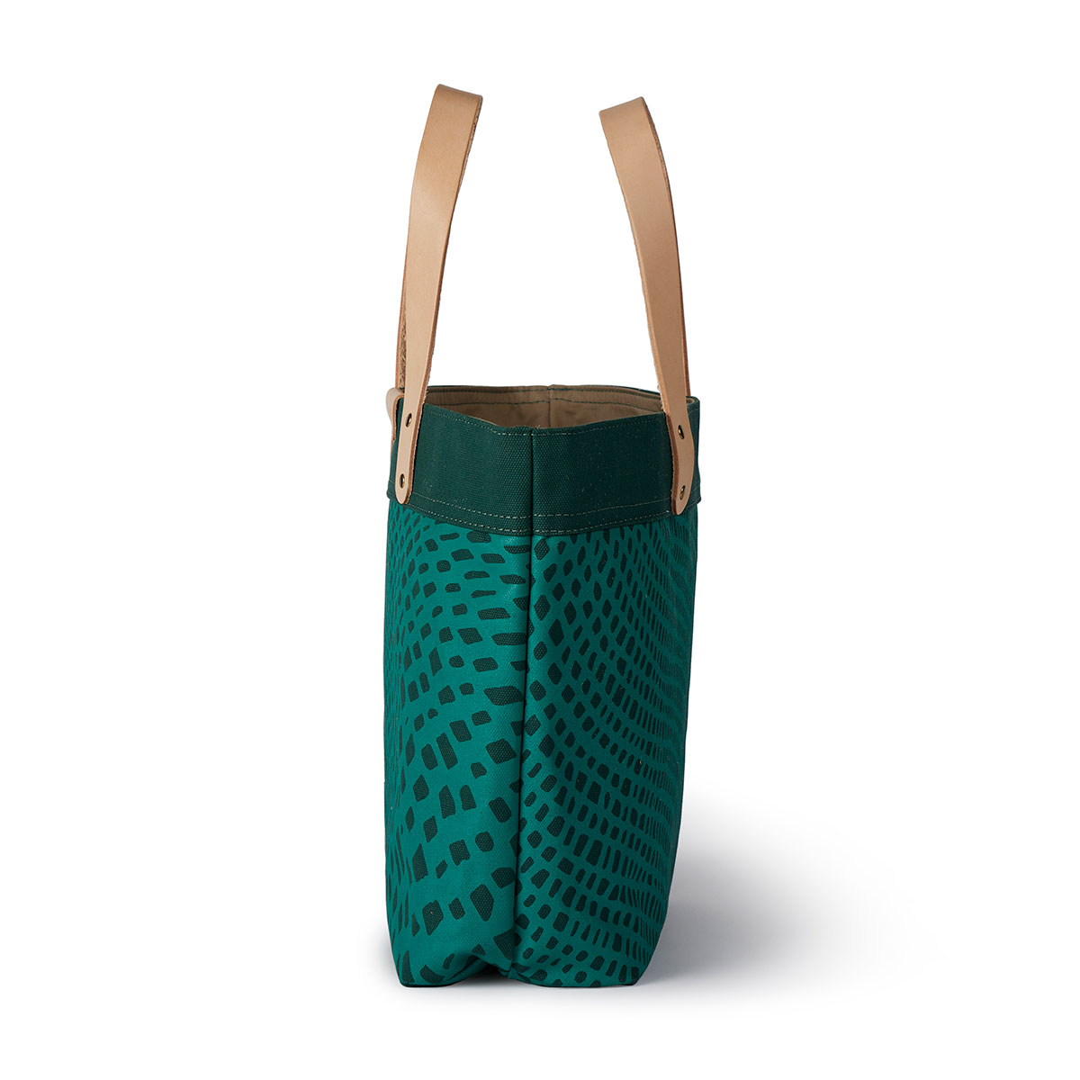 Side profile of Dark green and teal colored tote by Angela Adams