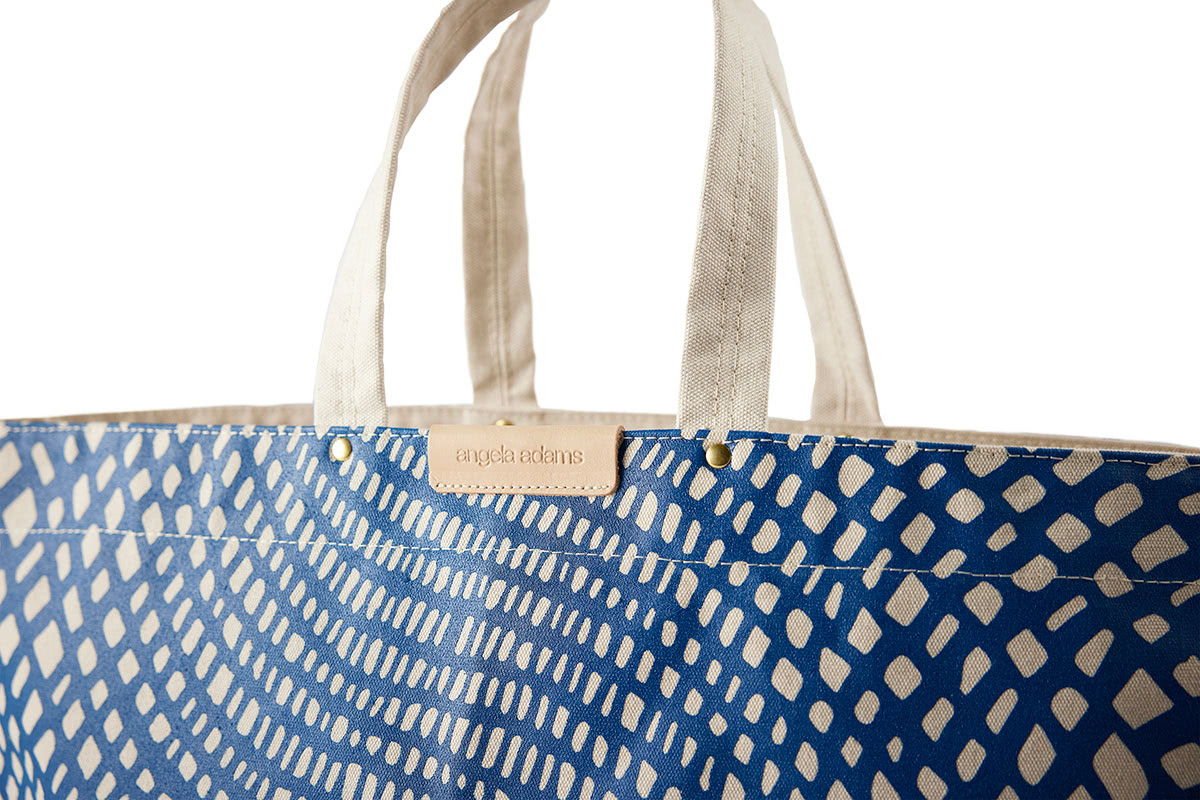 Close up detail of Blue and yellow modern tote by Angela Adams