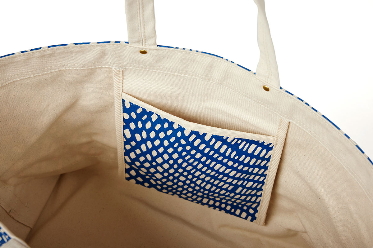 Inside of Blue and yellow modern tote by Angela Adams