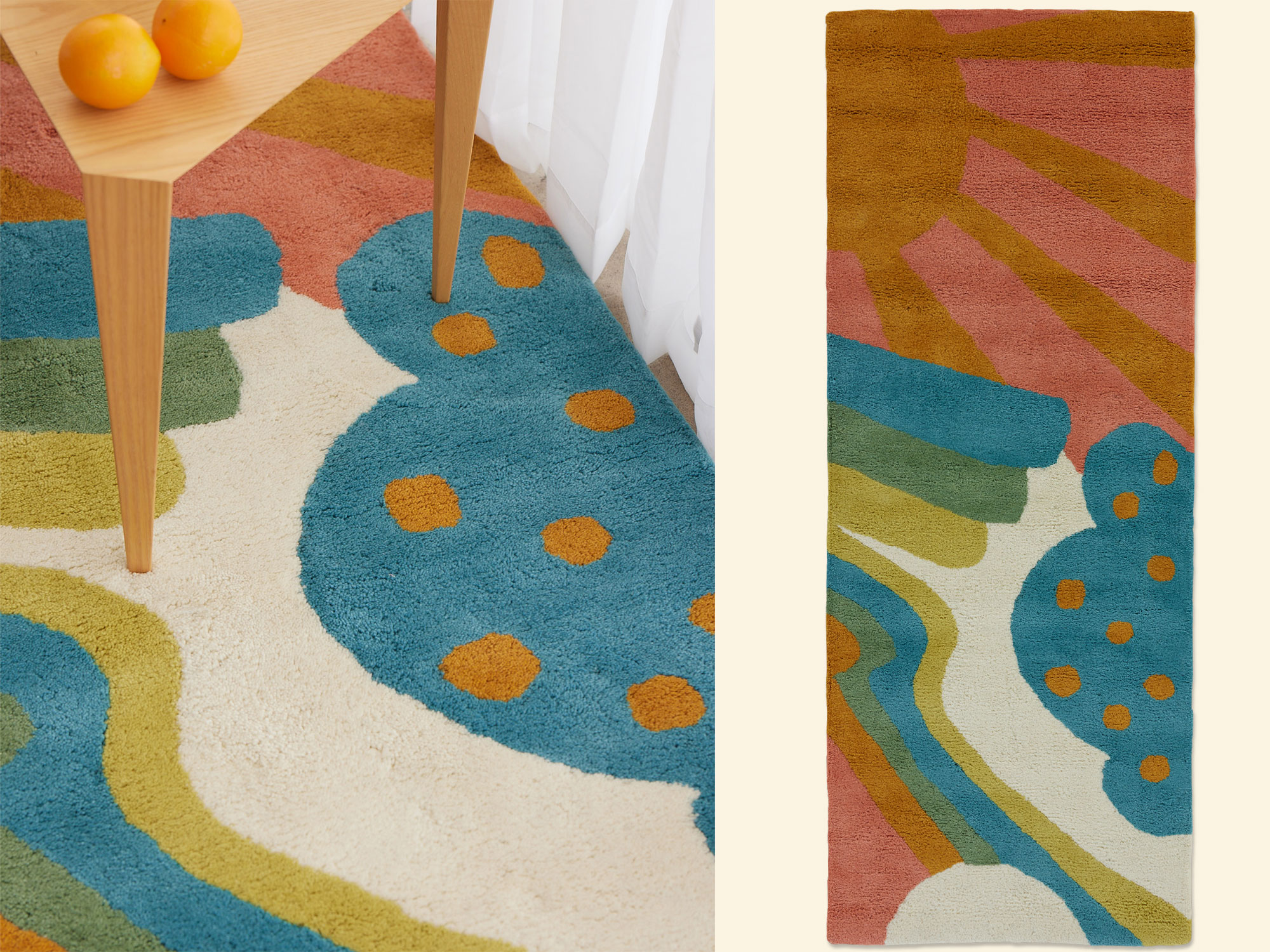 A very bold and colorful area rug by Angela Adams called Daytrip Happy