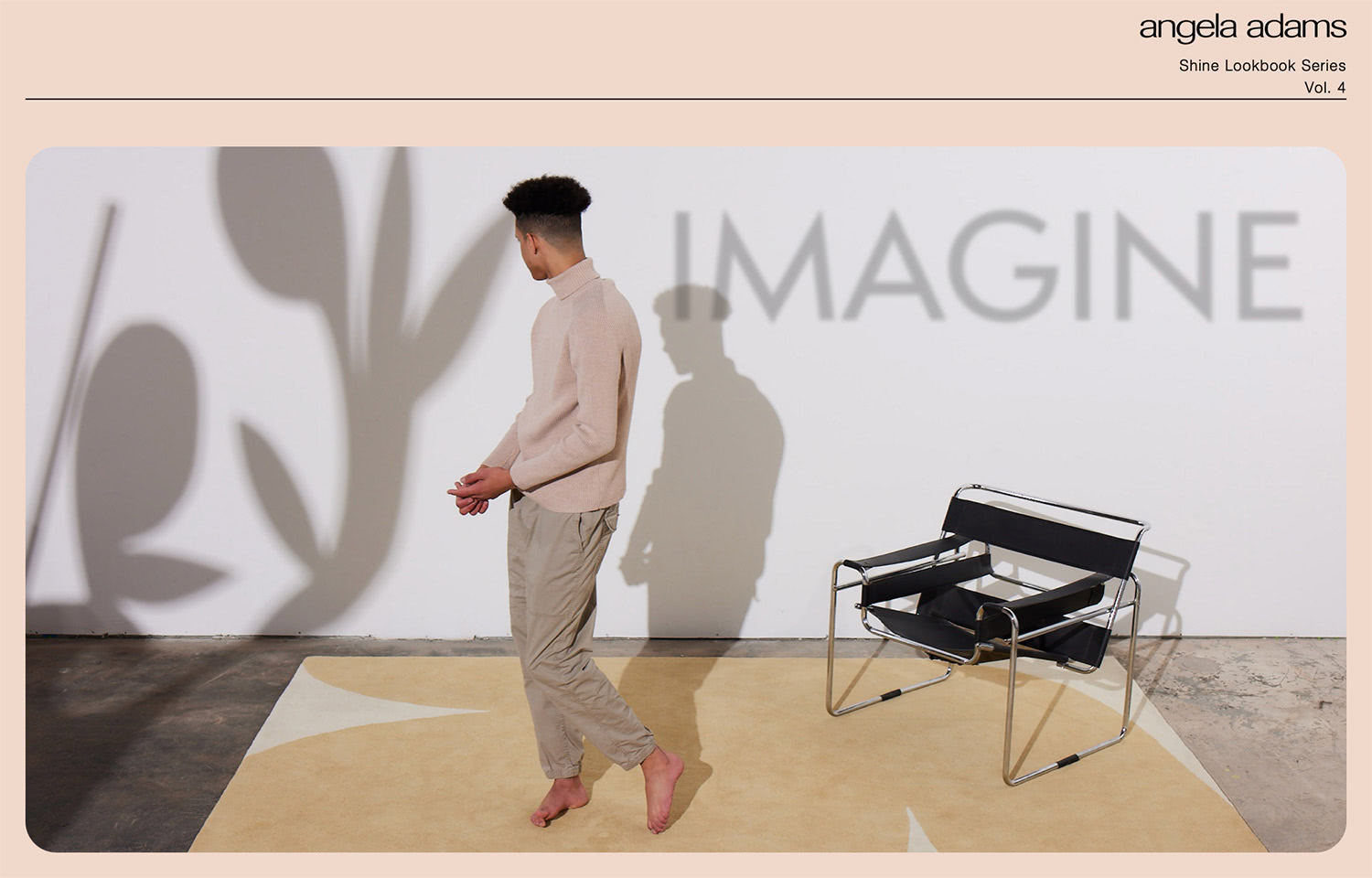 a man walks on a plush, modern, area rug in beige and cream tones