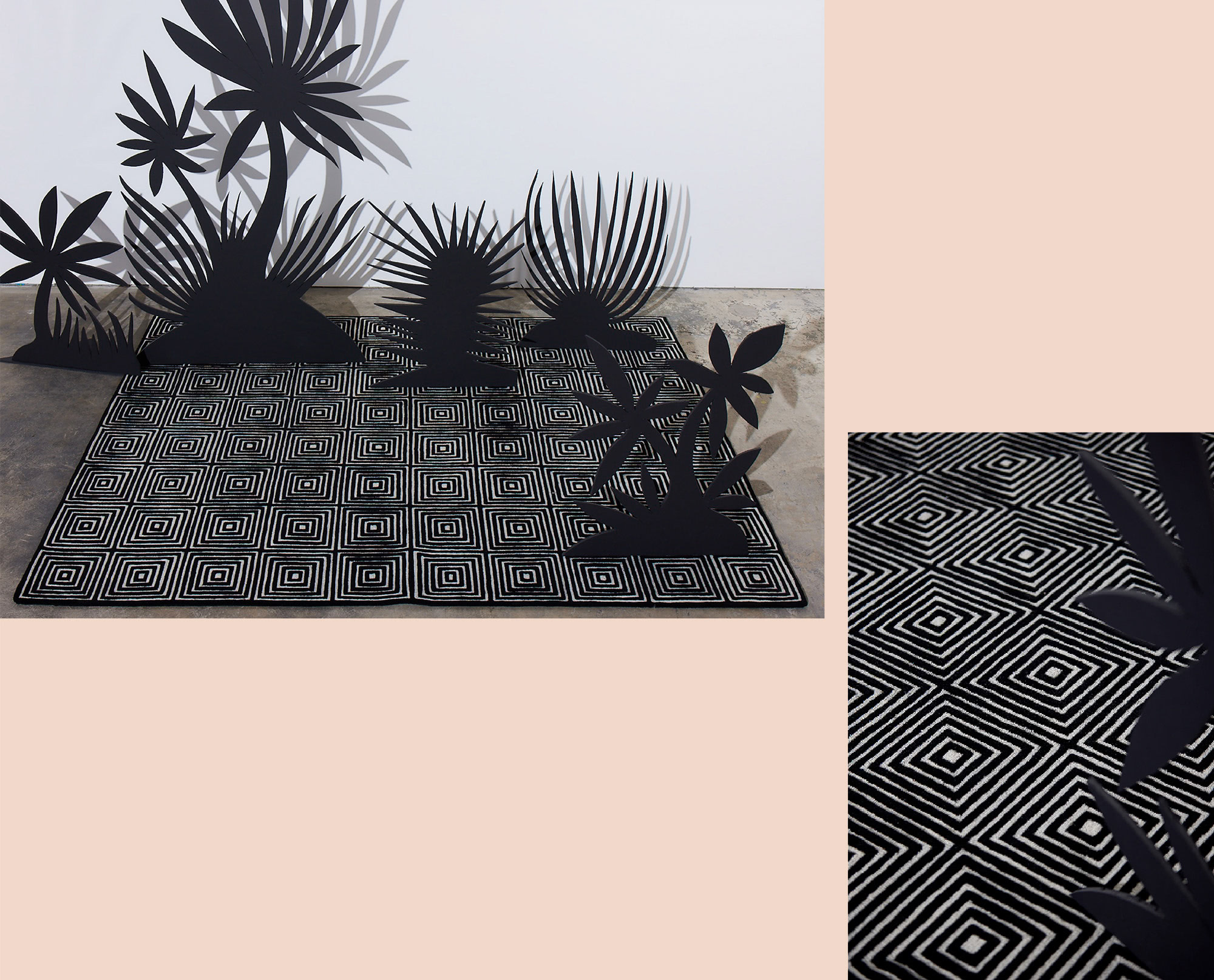 Two scenes of a modern area rug in black and white diamond pattern called Duke Vivid