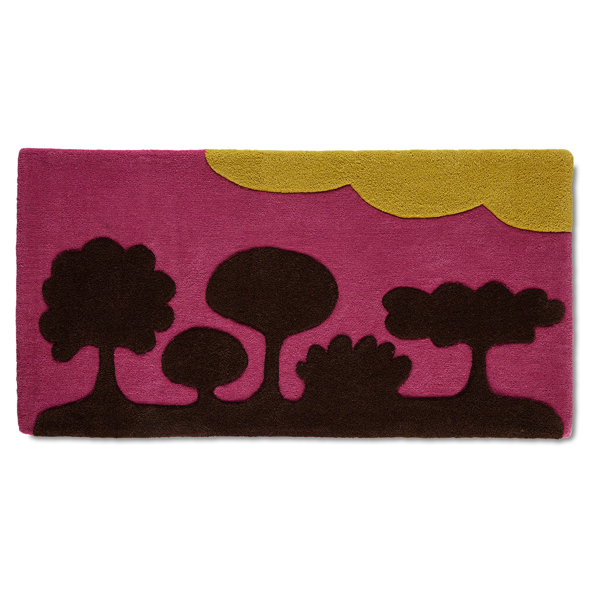 A pink and yellow rug with a scene of abstract trees on it called Island Family Sunset.