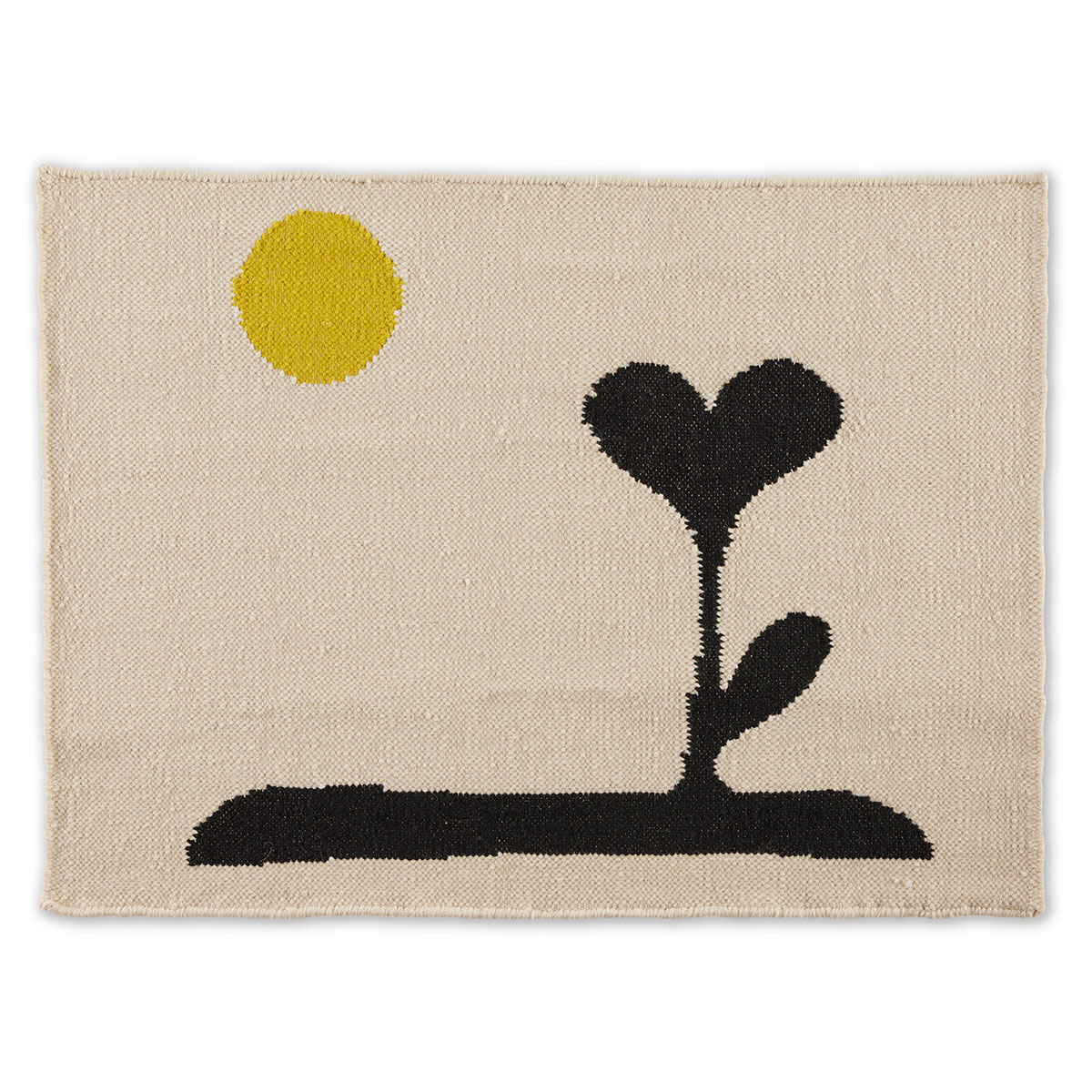 An abstract rug with a yellow sunshine and a black heart named Sunshine Love.