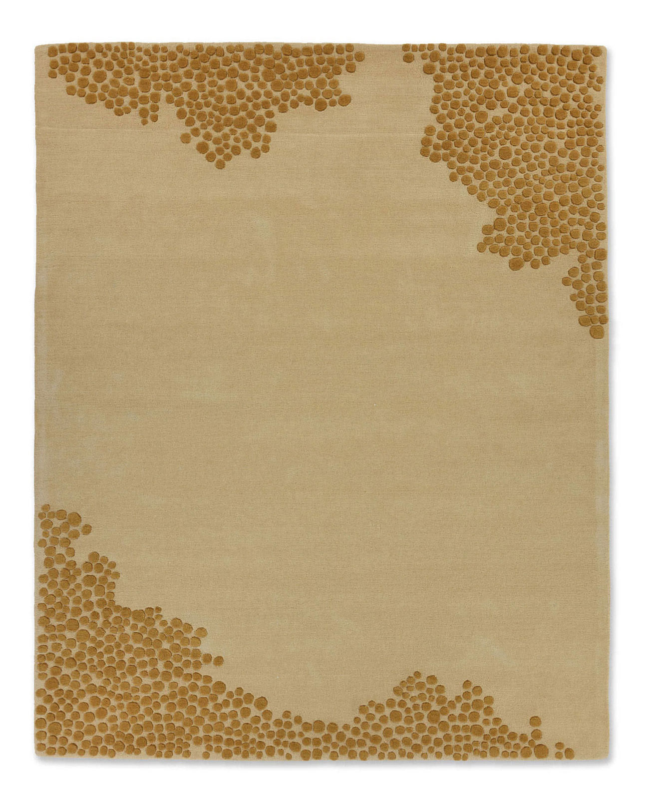 Luxurious golden colored New Zealand wool rug with an organic display of sculpted blue bubbles spilling from the corners.