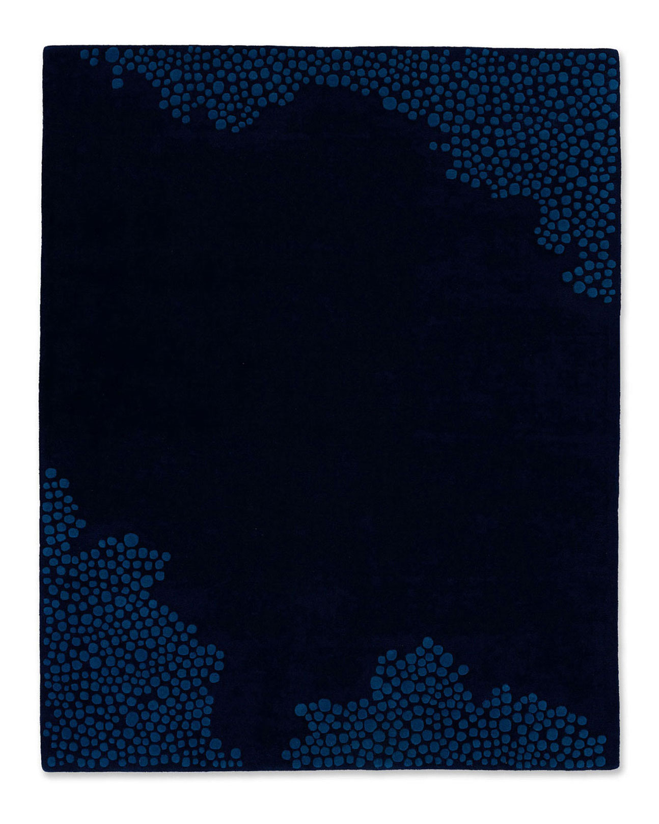 Luxurious navy New Zealand wool rug with an organic display of sculpted blue bubbles spilling from the corners.