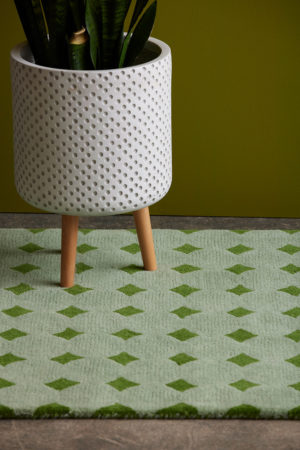 A white ceramic plant pot with wooden legs stands on a green area rug called Bongo Fresca