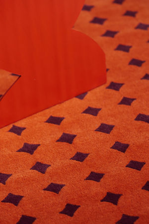 A close up of a red area rug called Bongo Passion