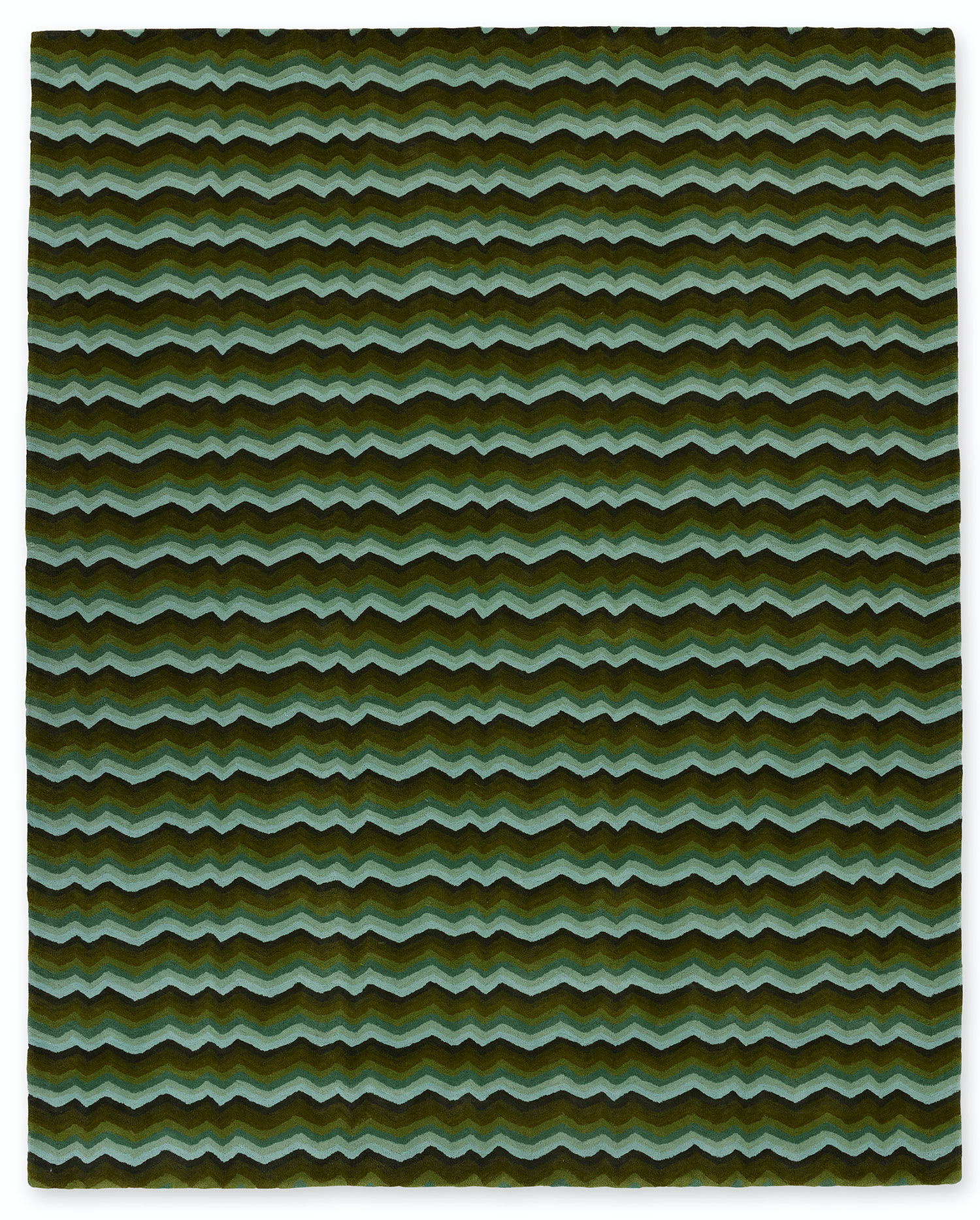 A large, modern area rug in green tones called Buzz Emerald
