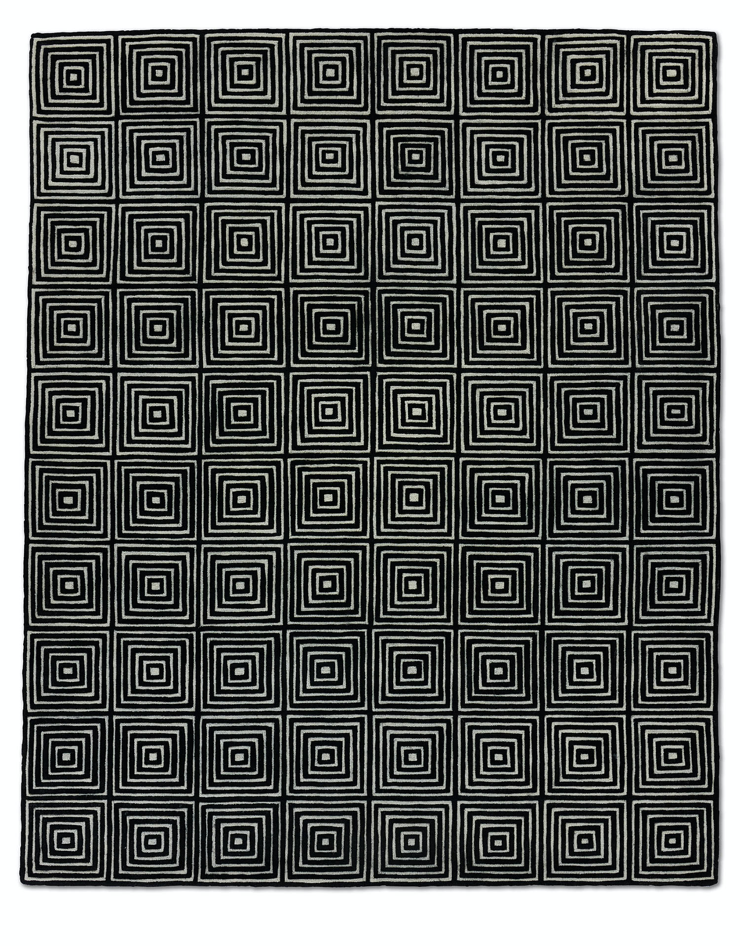 A black and white, patterned, modern area rug called Duke Vivid by Angela Adams