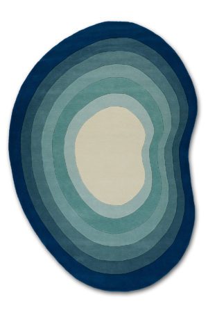 A blue gradient area rug called Pool Dream in the shape of a pool