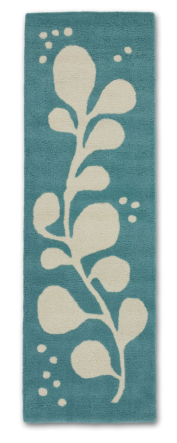 A neutral and blue runner rug with abstract designs on it called Vine Hush