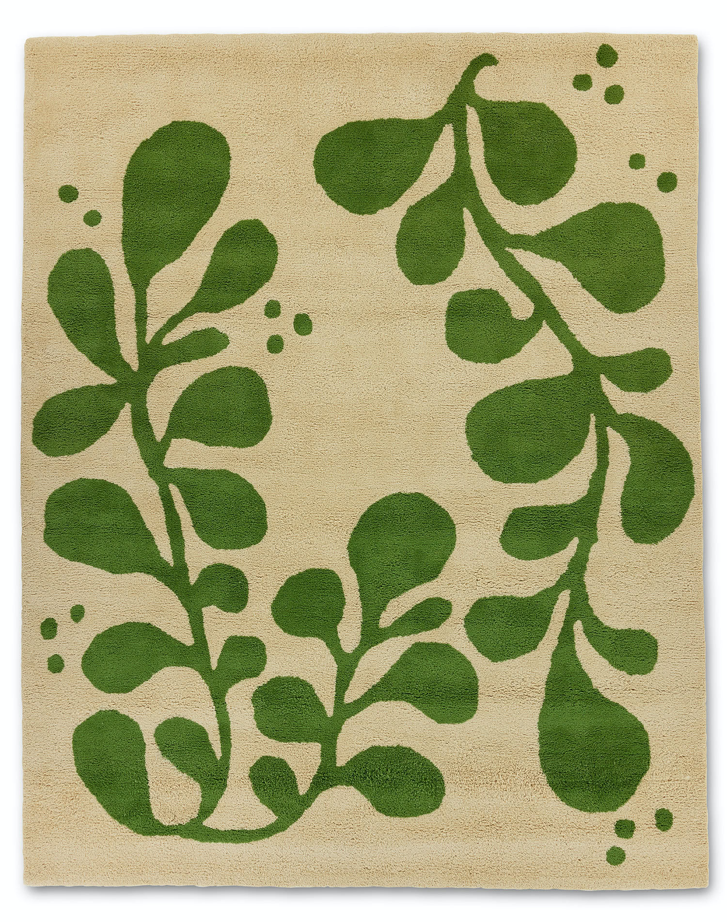 A neutral and green area rug with abstract designs on it called Vine Mambo